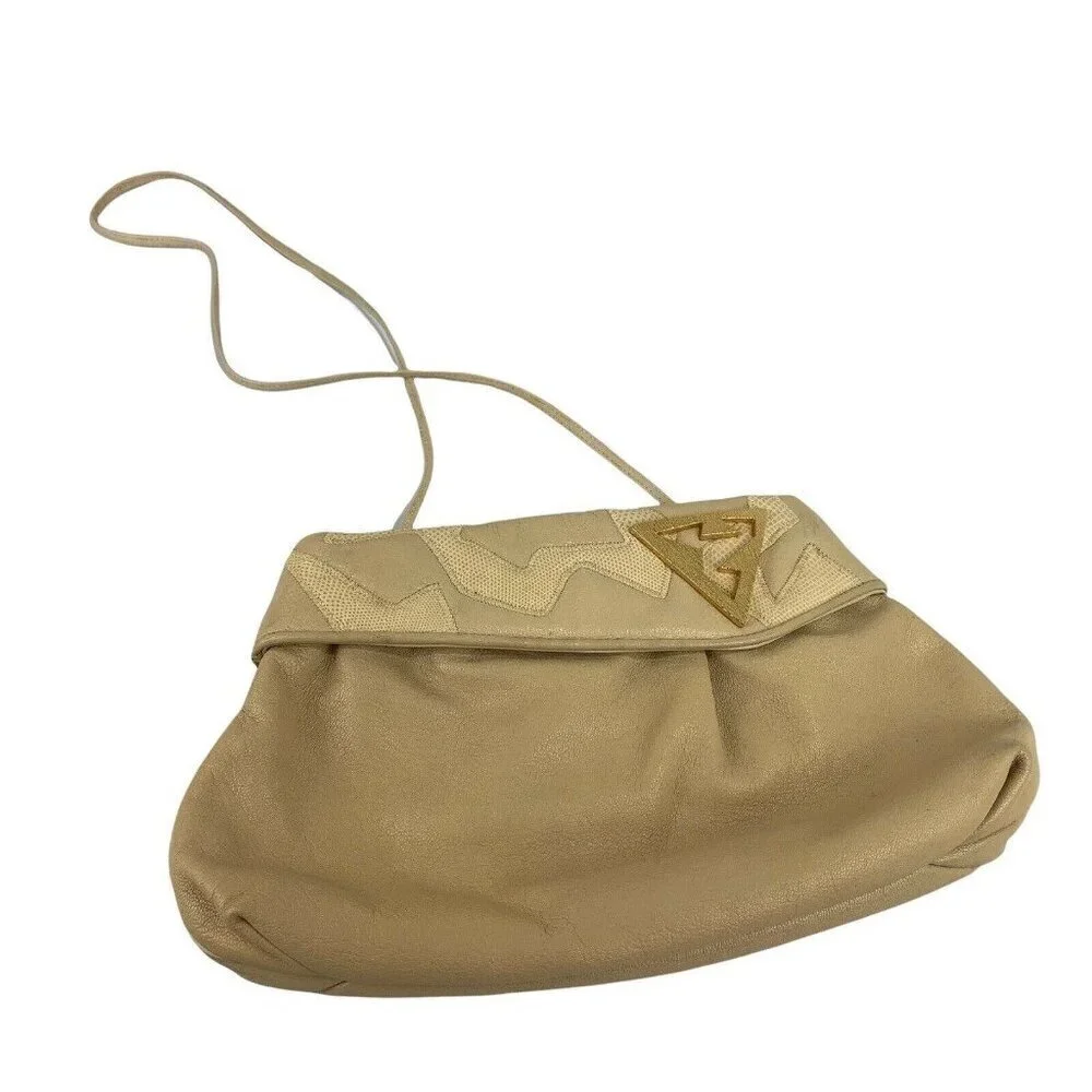 Vintage Sharif 80s Clutch Shoulder Bag Purse Beige Art Deco Gold Embellished